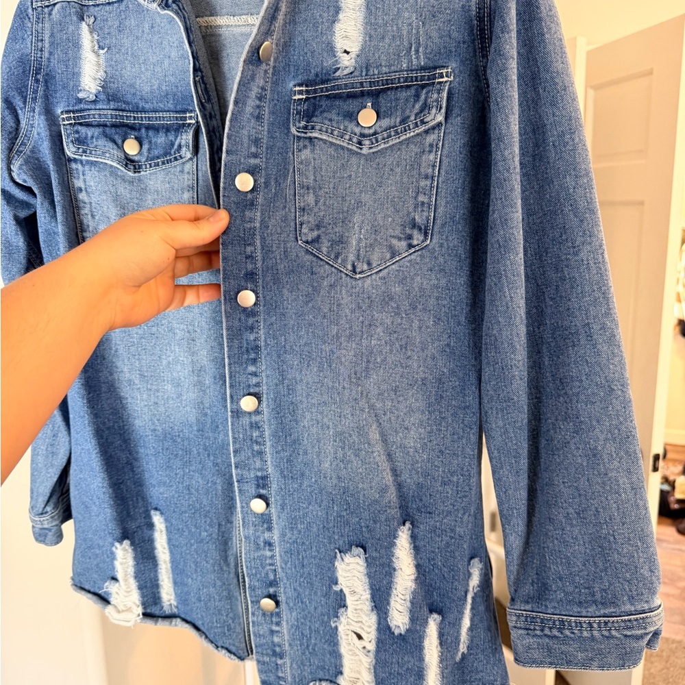 Denim Distressed Button-Front Jacket - Blue - Picture 2 of 4